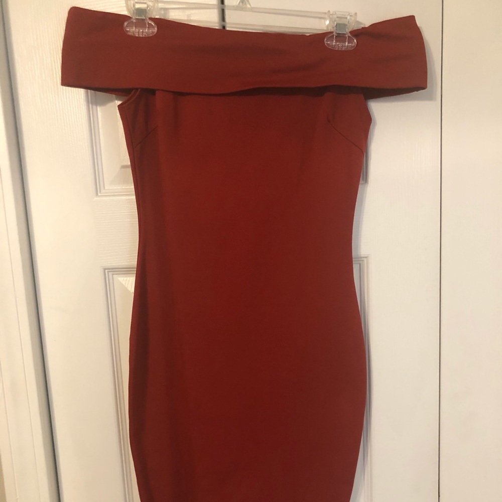 Rust off the shoulder midi